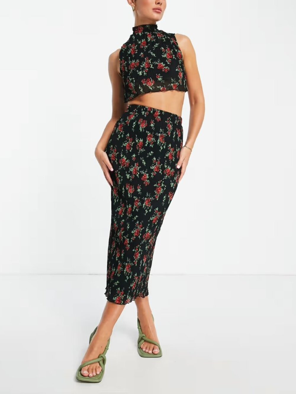 *NWT* ASOS DESIGN satin plisse midi skirt and crop top set in rose floral print